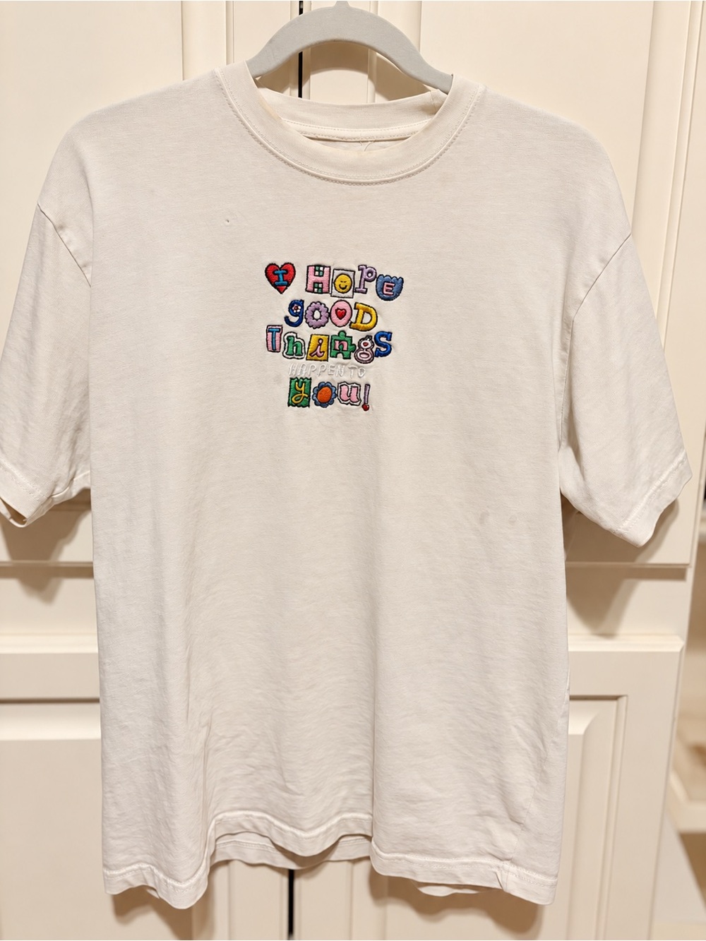 Embroidered “I Hope Good Things Happen to You” Cream T-Shirt Size M